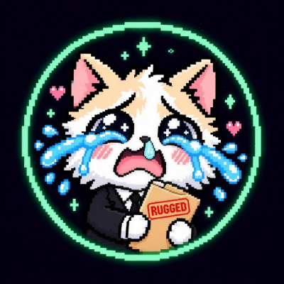 The $CIA coin image: pixel Crying Cat in a black suit, sobbing over a case file stamped RUGGED, inside a mint ring