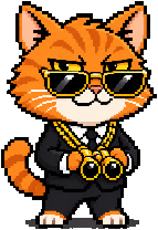 CashCat: an orange tabby kitten in a black suit and gold sunglasses, holding gold binoculars