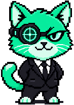 CoinMarketCat: a mint-green kitten in a black suit with a crosshair scope over one eye
