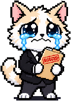 Crying Cat: a cream kitten in a black suit, in tears, holding a case file stamped RUGGED