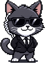 The Director: a grey kitten in a black suit and sunglasses, with a coiled earpiece