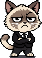 Grumpy Cat: a scowling cream-and-brown kitten in a black suit, arms crossed