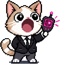 Popcat: a cream-and-white kitten in a black suit with its mouth popped open in a round O, holding up a radar with a hot-pink screen